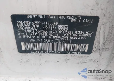 2012 Subaru Impreza 2.0I Premium from USA, damaged, VIN JF1GPAC67CH228301